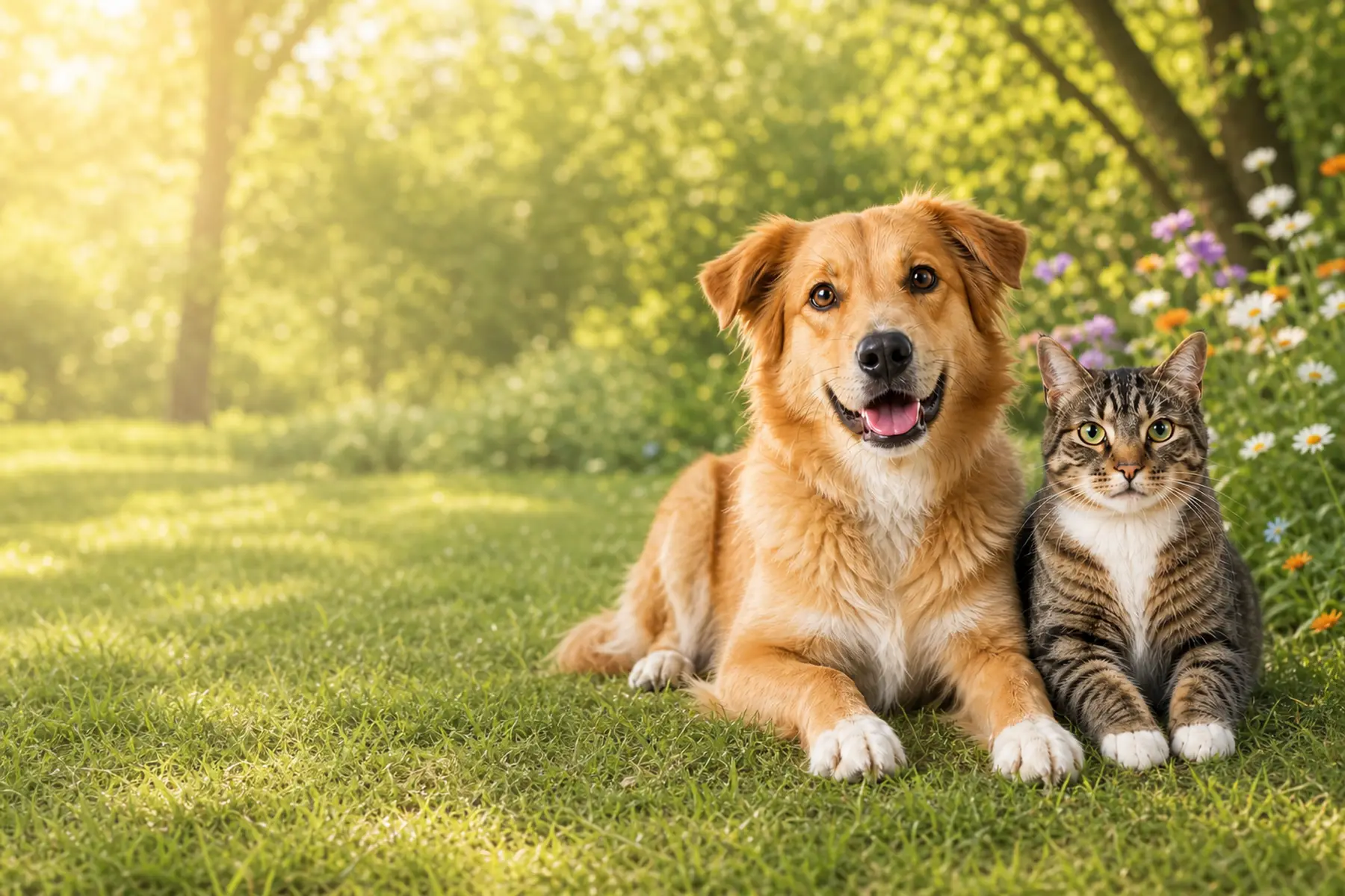 A golden dog and a tabby cat sitting together in a sunny green garden